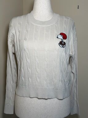 Aeropostale Peanuts Snoopy Sweater Womens Small Cable Knit Ivory Crew